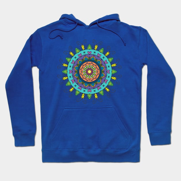 Colorful Mandala with Hearts and Bugs on Purple Hoodie by karenmcfarland13